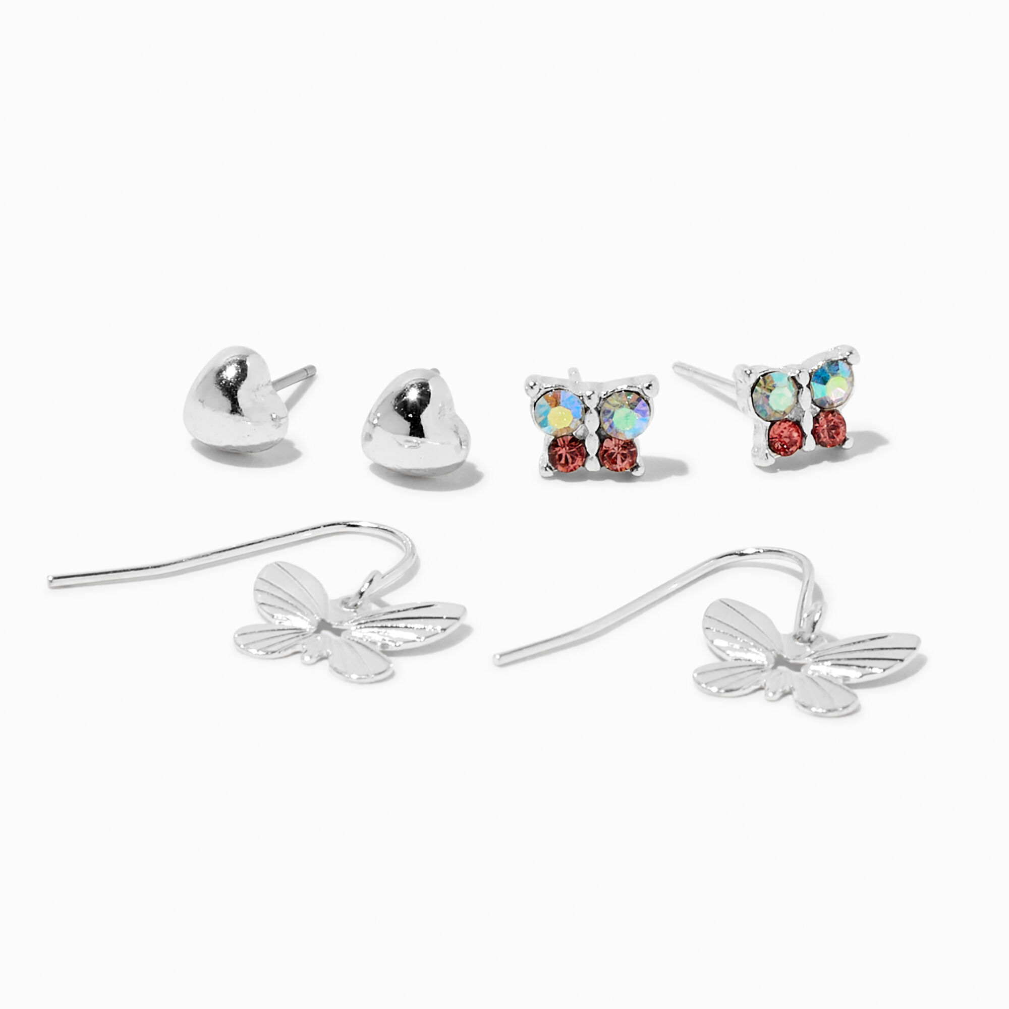 View Claires Tone Butterfly Earring Set 3 Pack Silver information