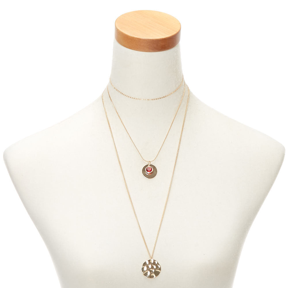 Gold Hammered Disc Multi Strand Necklace,