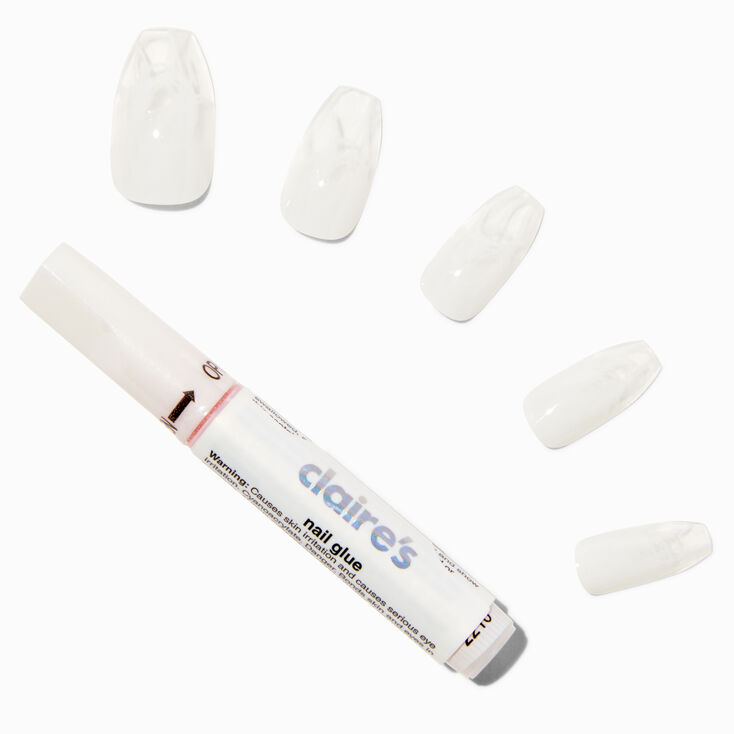 Smoky White Marble Coffin Vegan Faux Nail Set - 24 Pack,