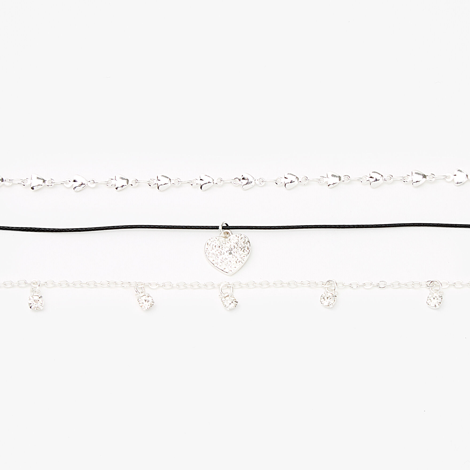 Silver Hearts Choker Necklaces - 3 Pack,