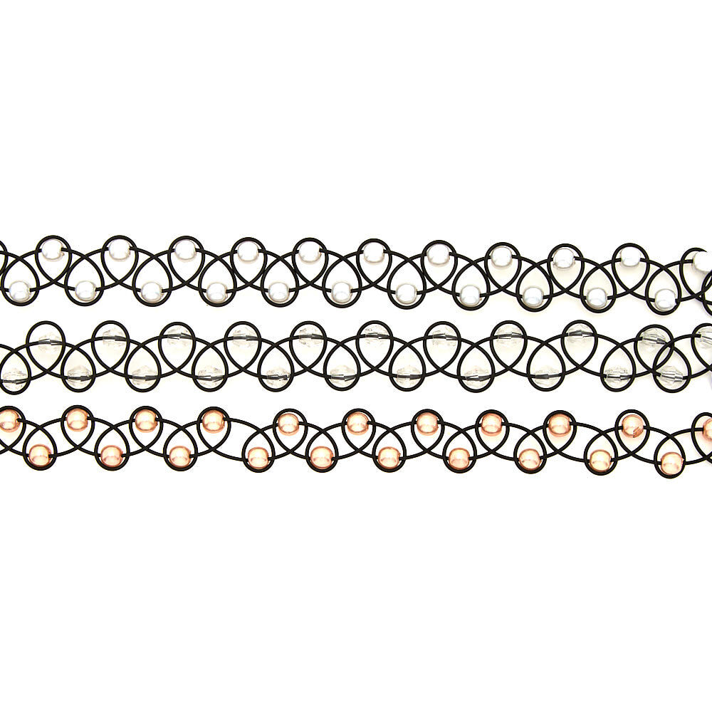 Beaded Tattoo Chokers - Black, 3 Pack,