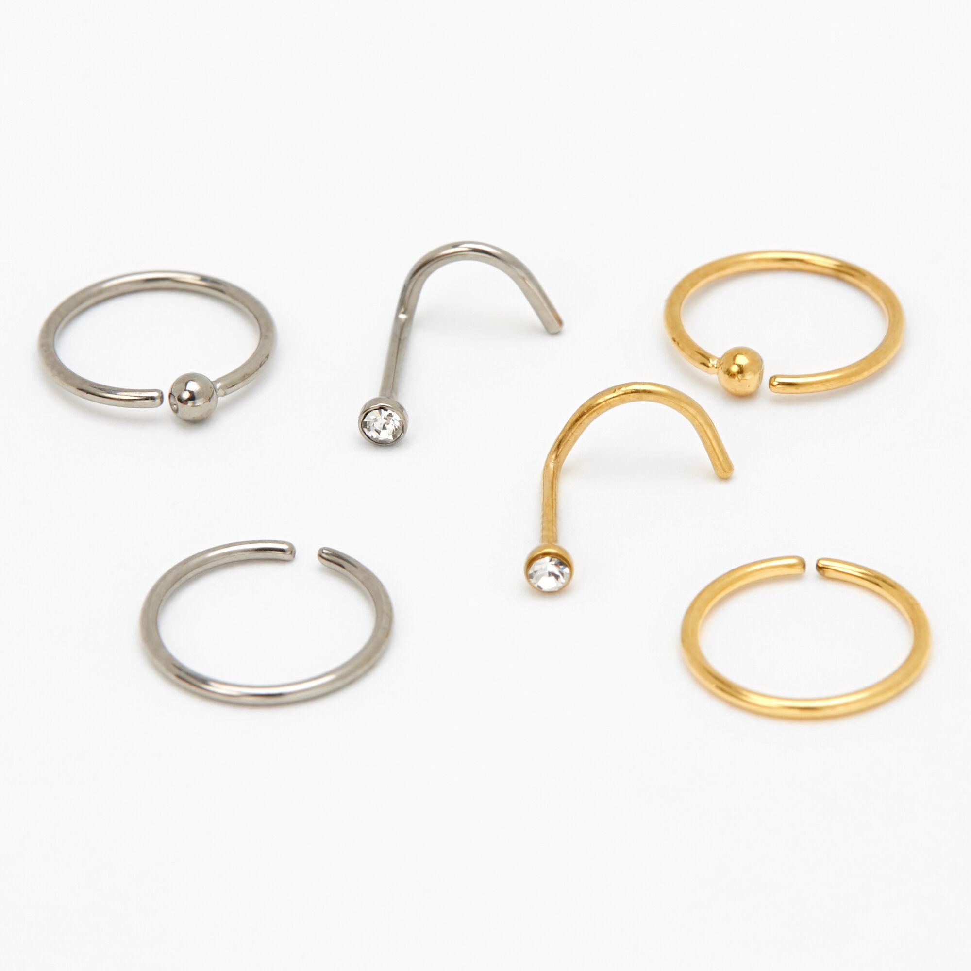 View Claires Mixed Metal Titanium 20G Crystal Ball Stud Hoop Nose Rings 6 Pack Gold information