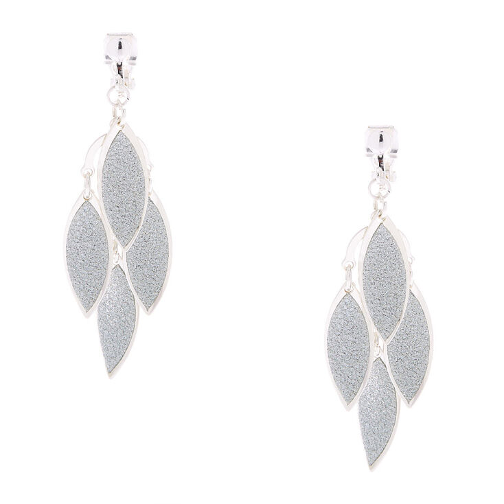 Silver 1.5&quot; Glitter Chandelier Leaf Clip On Drop Earrings,