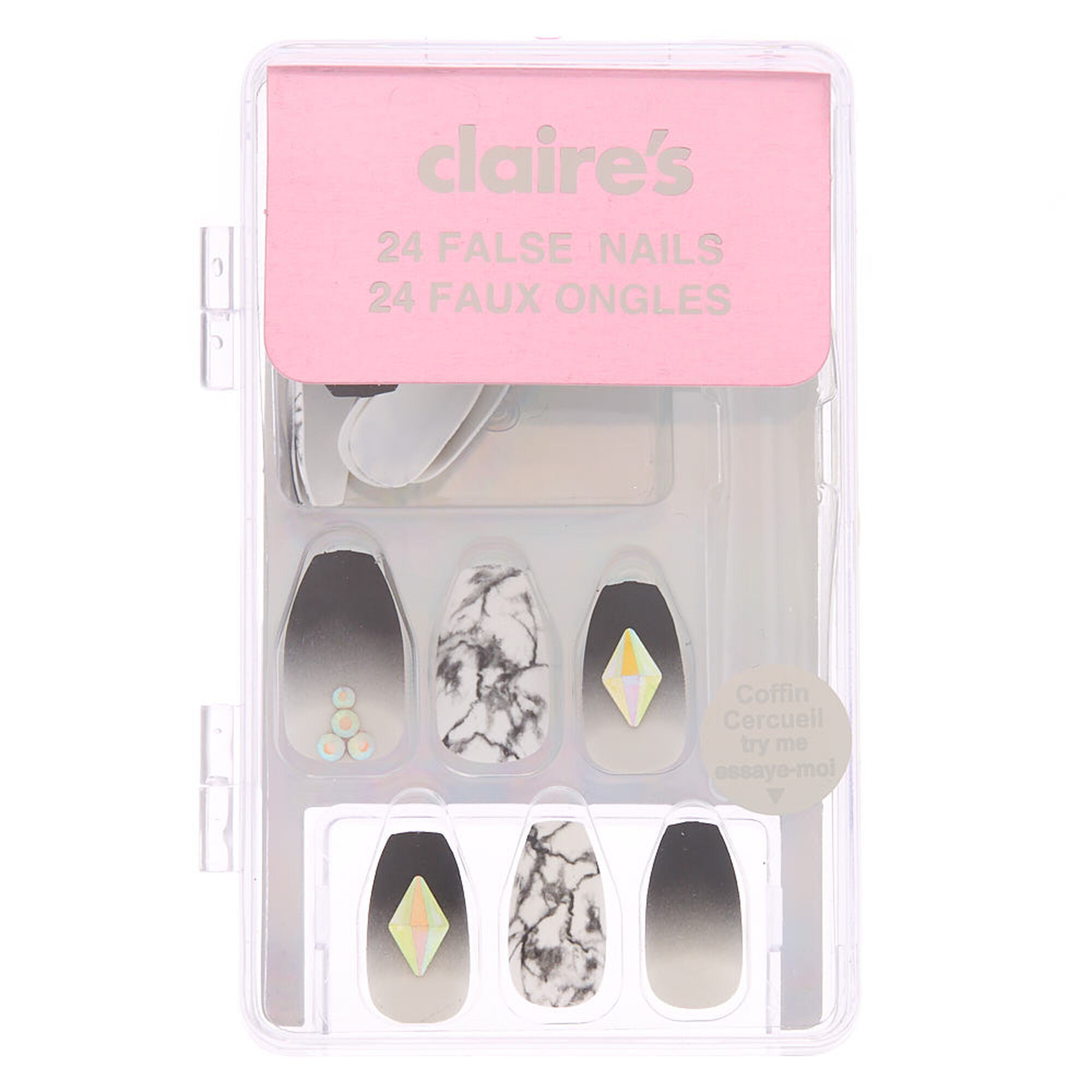 View Claires Ombre Marble Bling Coffin Faux Nail Set Grey 24 Pack Black information