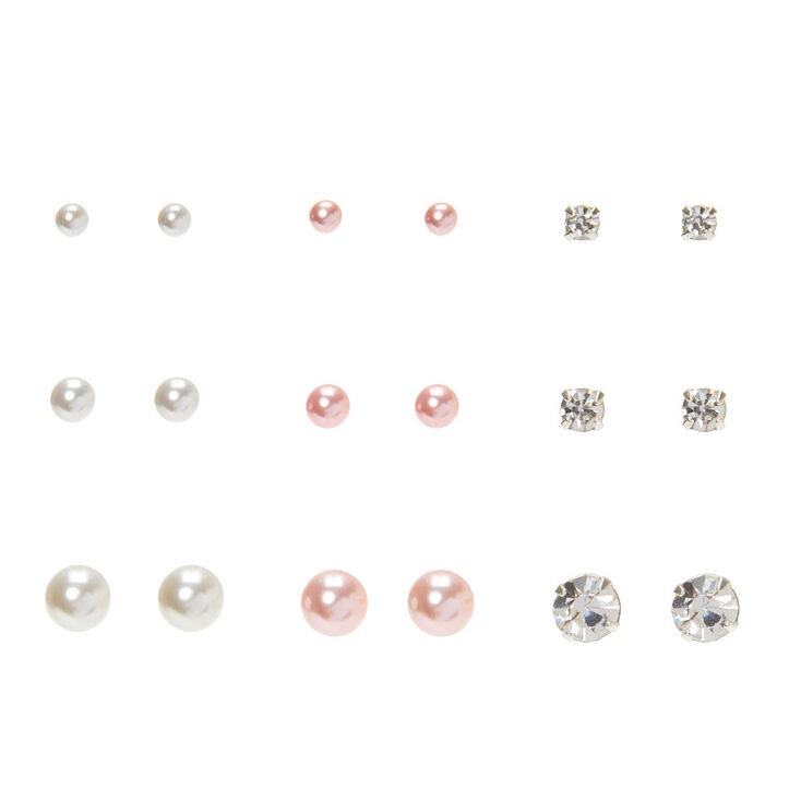 Silver-tone Pearl Graduated Stud Earrings - 9 Pack,