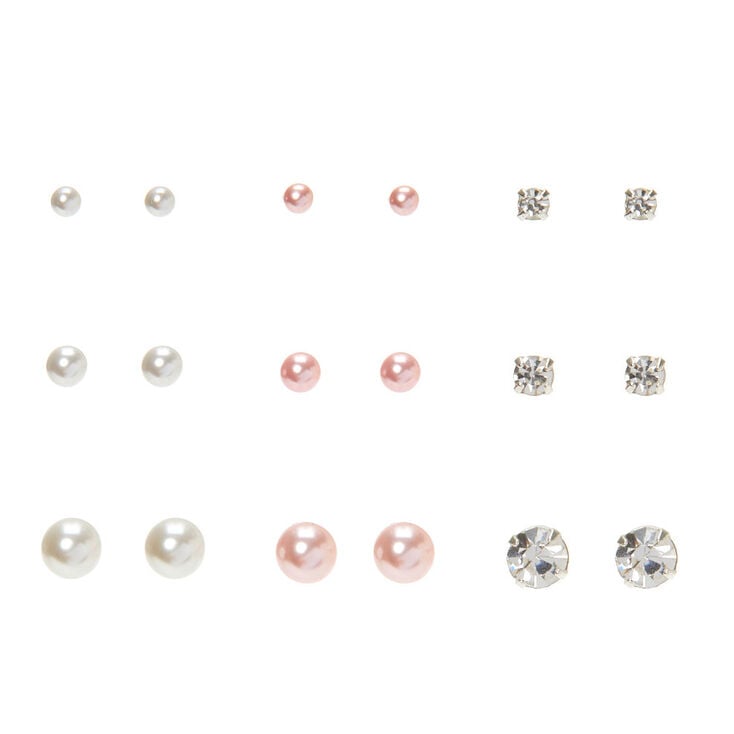 Silver Pearl Graduated Stud Earrings - 9 Pack,