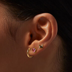 Gold-tone Pink Heart Cubic Zirconia Butterfly Earring Stackables Set - 3 Pack,