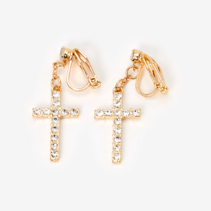 Gold Embellished Cross Clip On 1.5&quot; Drop Earrings,