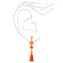 Gold 2&quot; Orange Fox Tassel Clip On Drop Earrings,