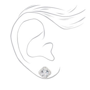 Clous d&#39;oreilles avec strass carr&eacute; en zircon cubique d&#39;imitation en serti halo couleur argent&eacute;e,