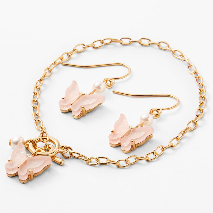 Parure de boucles d&rsquo;oreilles, bracelet et collier &agrave; pendentif papillon rose - Lot de 3,