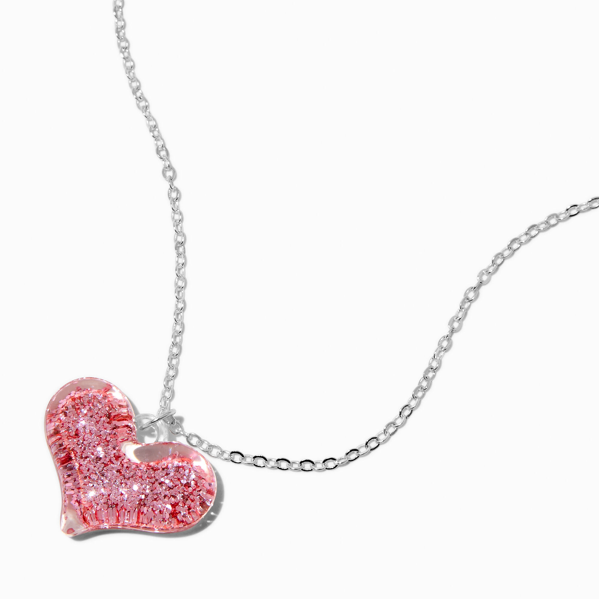 Pink Glitter Heart Silver tone Pendant Necklace Claire s US