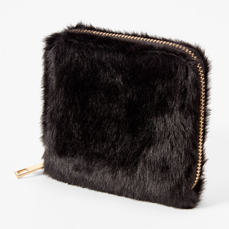 Black Faux Fur Mini Zip Wallet,