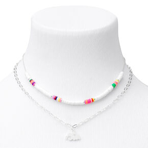 Silver Rainbow Disc Pendant Chain Necklaces - White, 2 Pack,