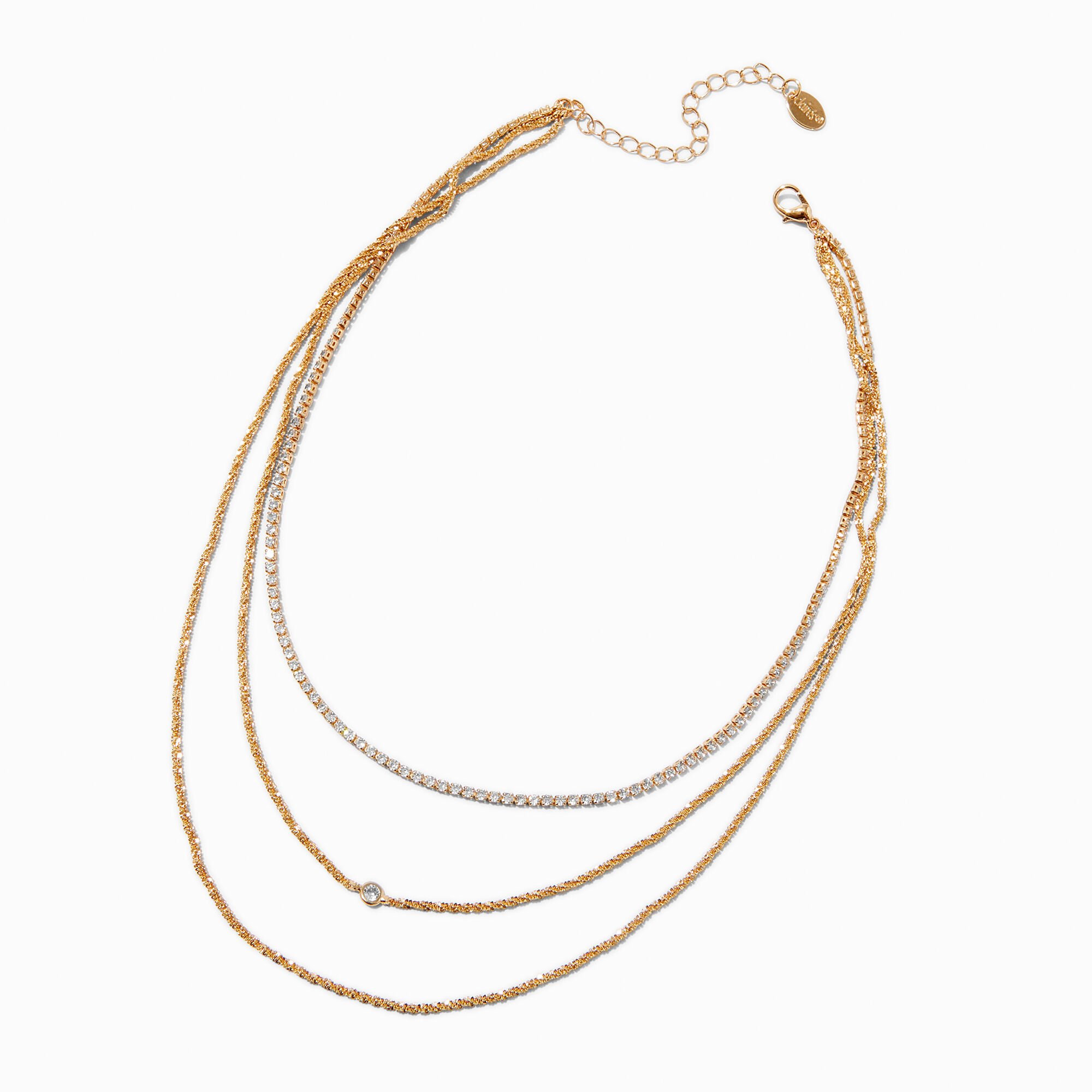 Gold-tone Cubic Zirconia Bezel Laser Multi-Strand Chain Necklace,