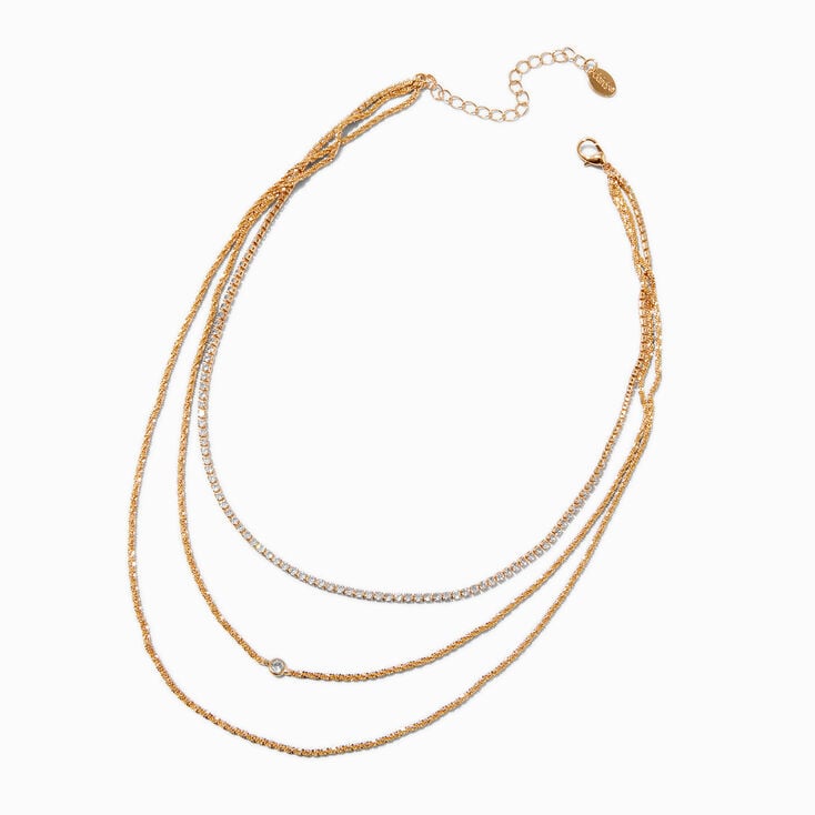 Gold-tone Cubic Zirconia Bezel Laser Multi-Strand Chain Necklace,