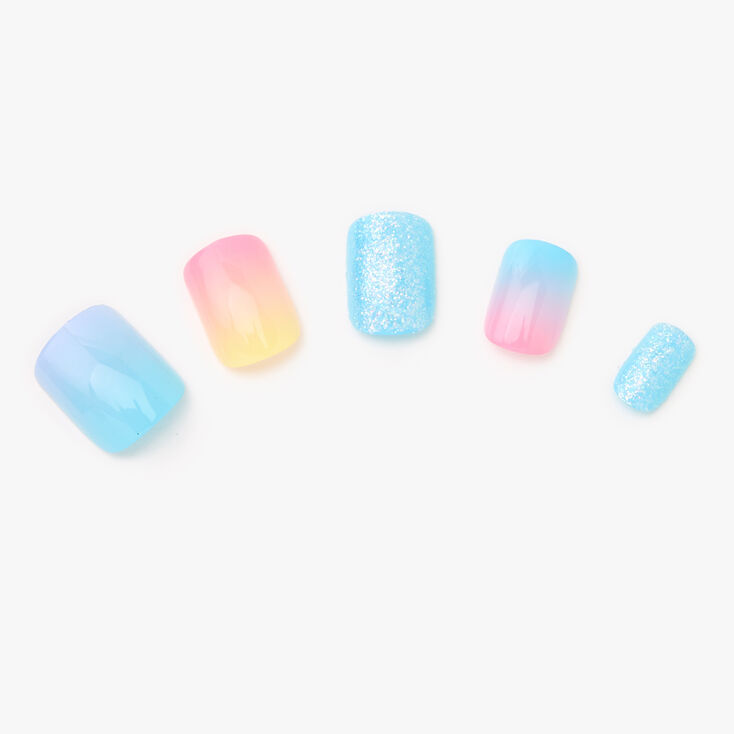 Blue Ombre Glitter Square Faux Nail Set - 24 Pack,