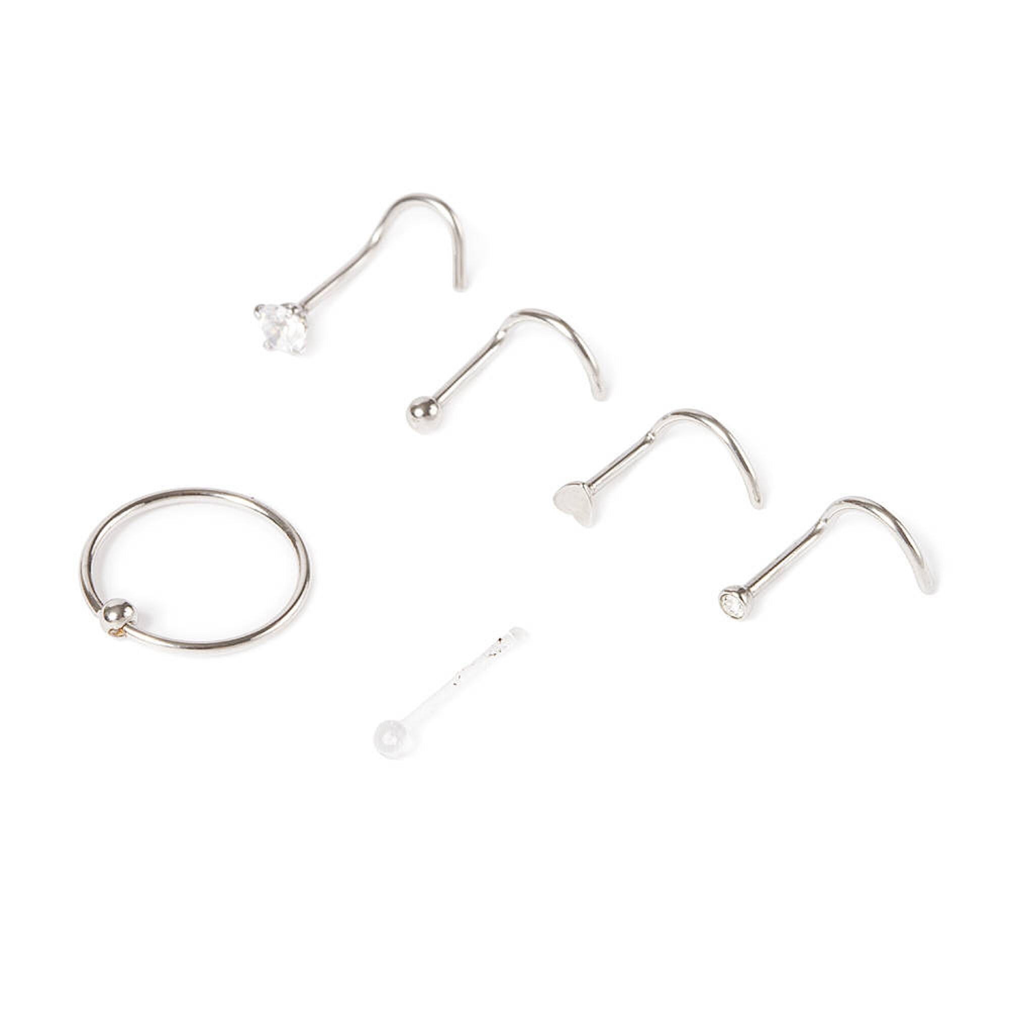 Silver 20G Ball Heart Hoop Nose Ring Studs 6 Pack Claire s US