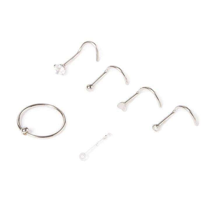 Silver 20G Ball Heart Hoop Nose Ring &amp; Studs - 6 Pack,