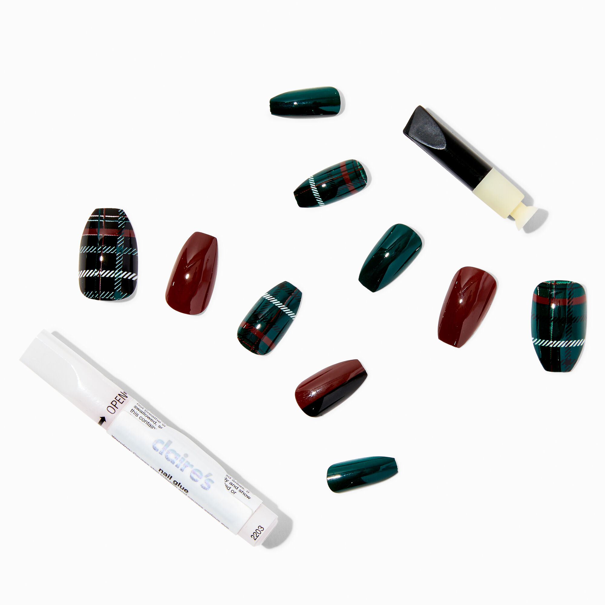 Burgundy & Green Plaid Coffin Vegan Faux Nail Set - 24 Pack,