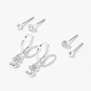 Silver Embellished Initial Huggie Hoop &amp; Stud Earrings - 3 Pack, S,