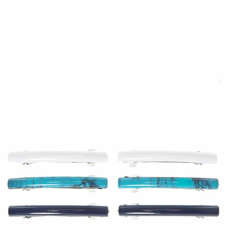 Barrettes effet marbr&eacute;es couleur turquoise, bleu marine et blanc,