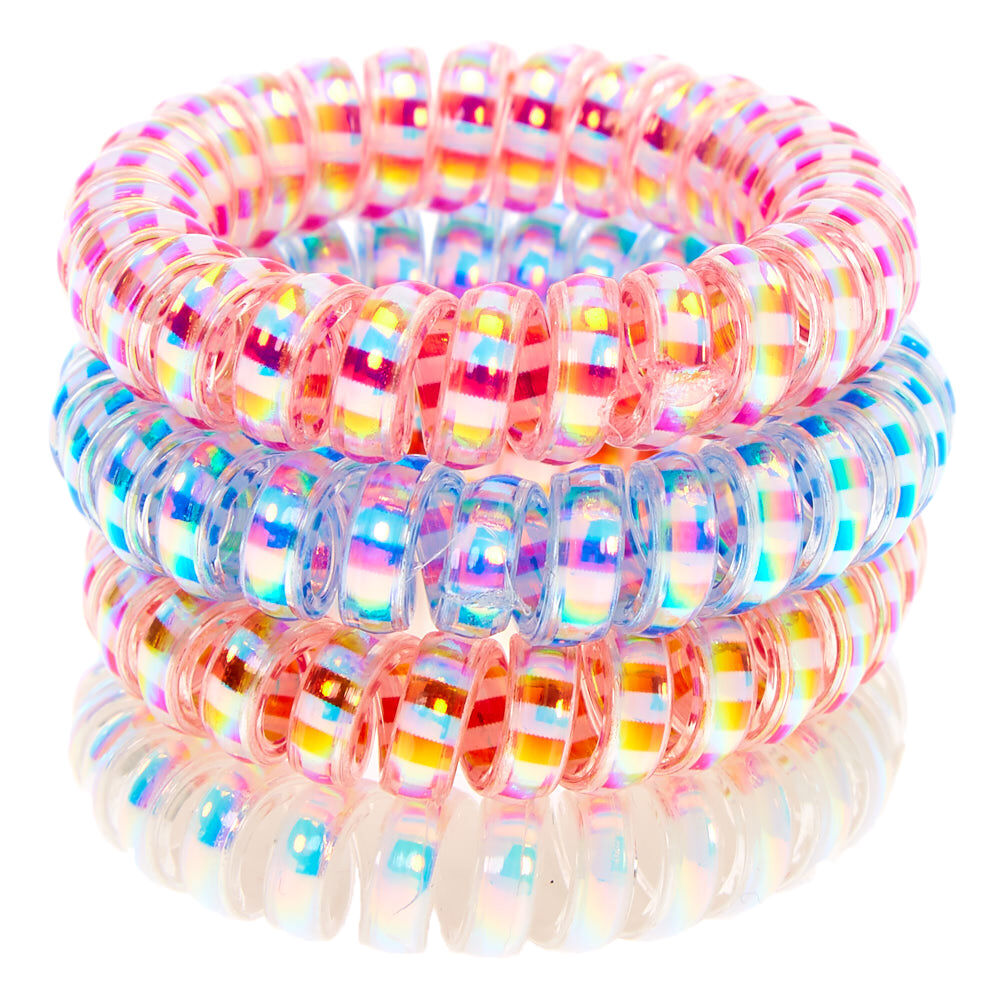 Striped Holographic Spiral Hair Ties -  4 Pack,