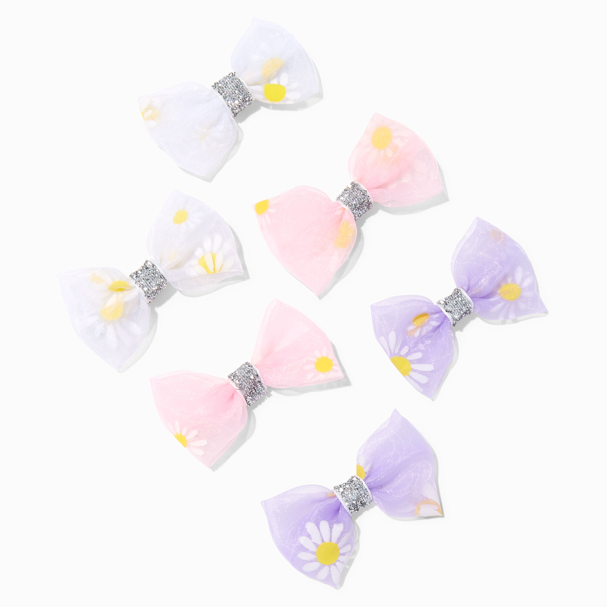 View Claires Club Chiffon Daisy Bow Hair Clips 6 Pack Purple information