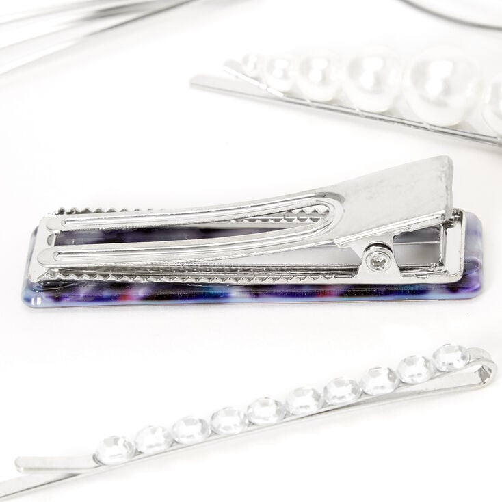 Silver Pearl Tortoiseshell Geometric Hair Pins - Blue, 6 Pack,