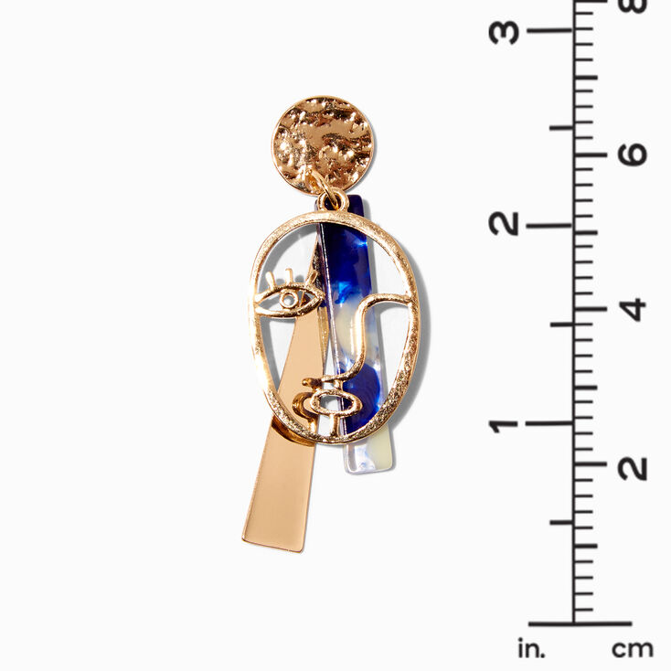 Gold 2&quot; Blue Face Outline Drop Earrings,