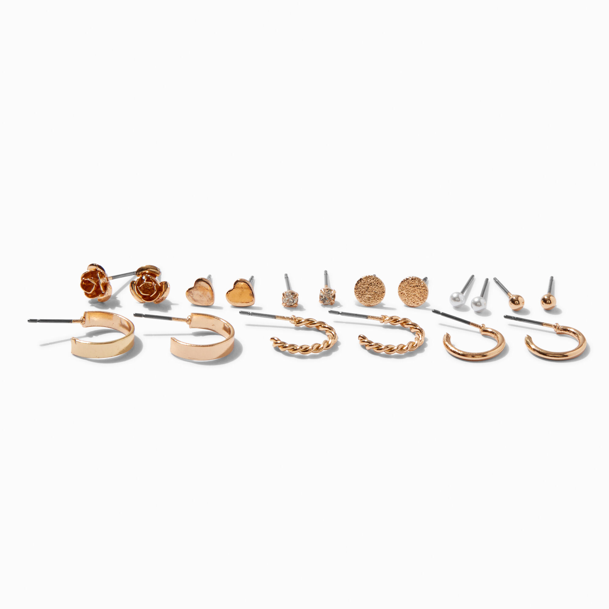 Gold-tone Rose Heart Hoop & Stud Earring Stackables Set - 9 Pack,