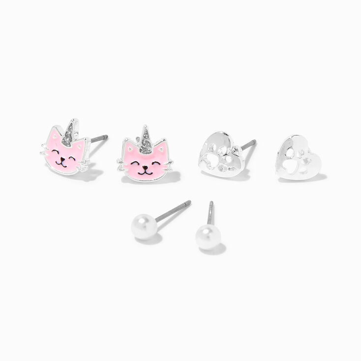 Pink Caticorn, Heart Paws, &amp; Pearl Silver Stud Earrings - 3 Pack,