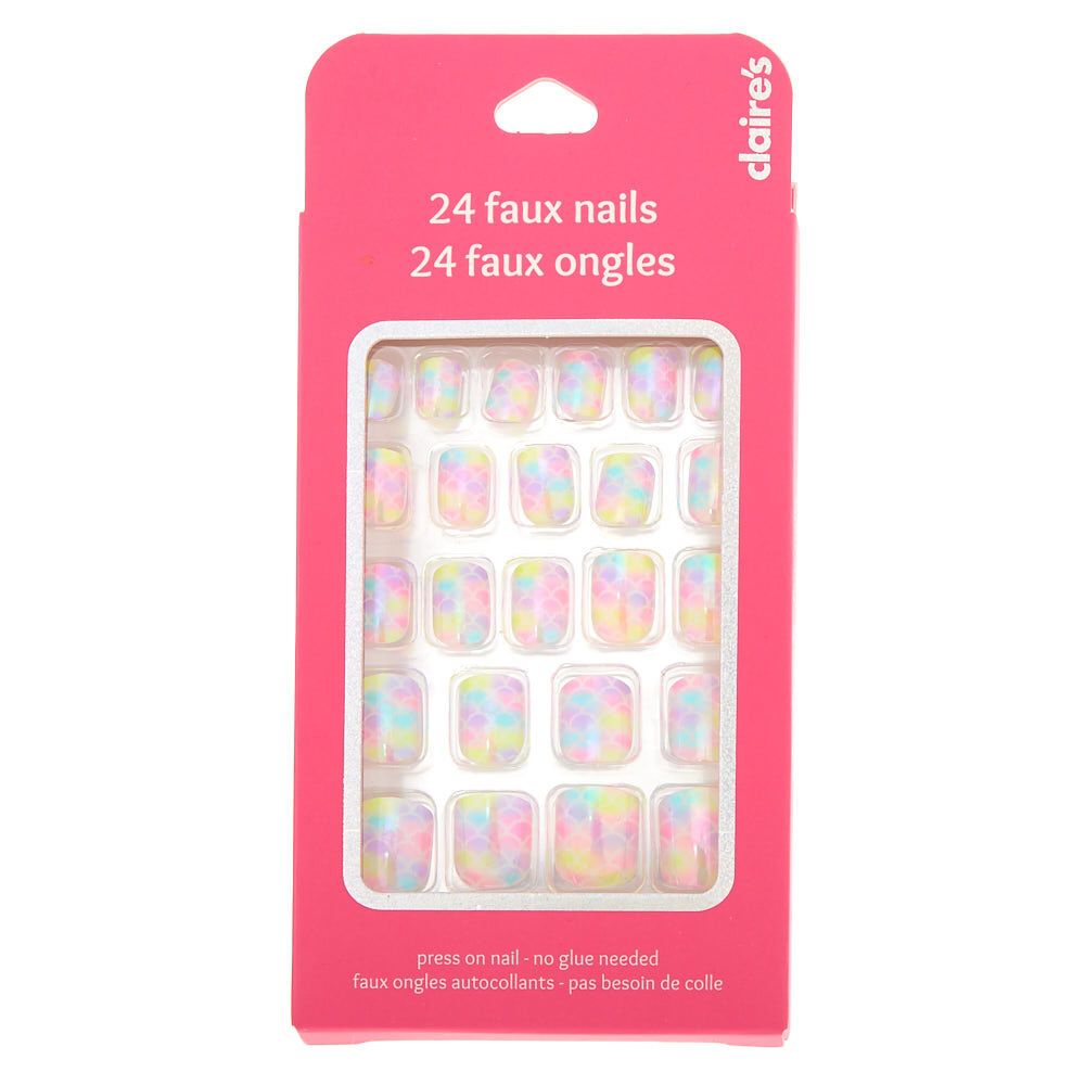 Lot de 24 faux ongles autocollants écaille de sirène arc-en-ciel,