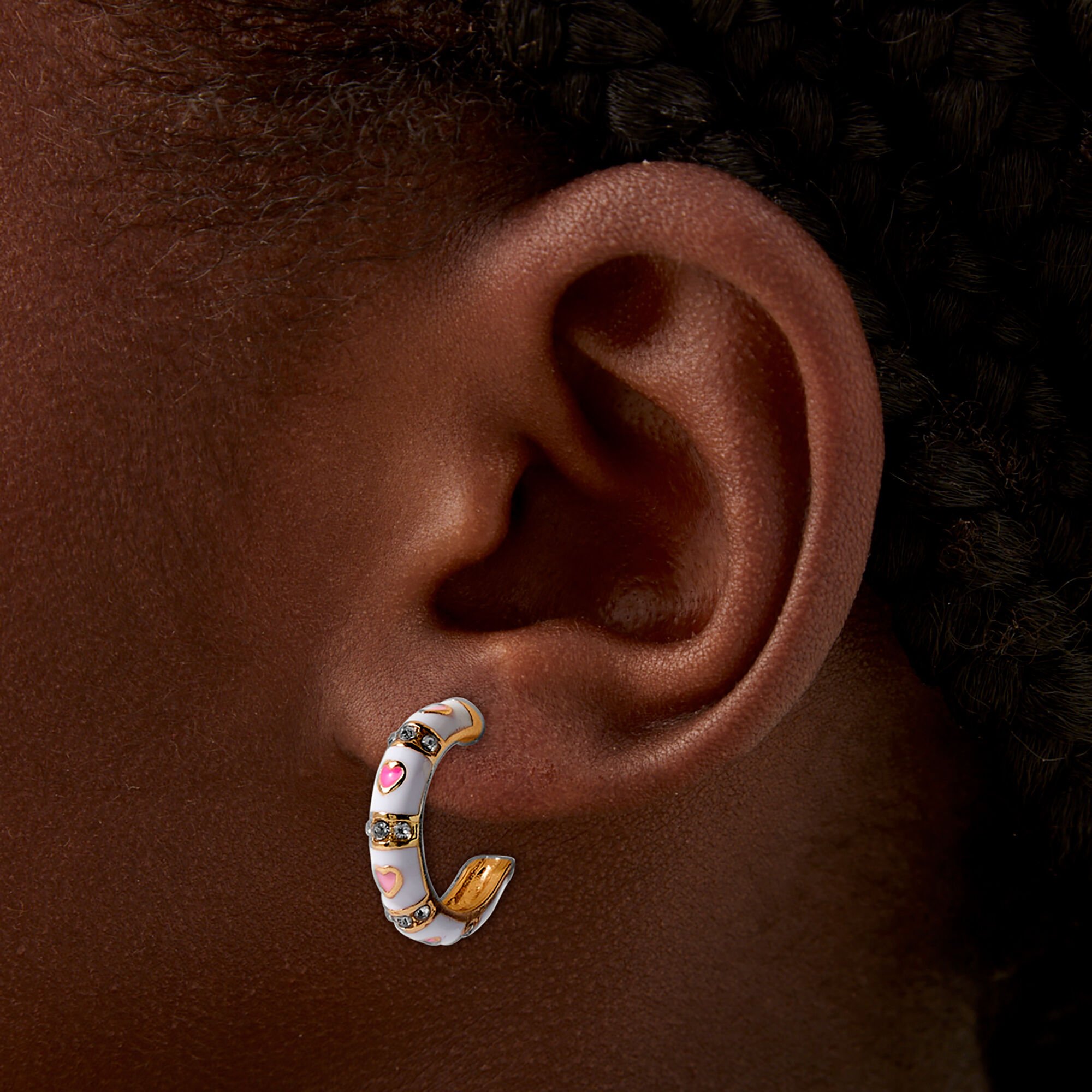 Pink & White Enamel Heart Gold-tone Half Hoop Earrings,