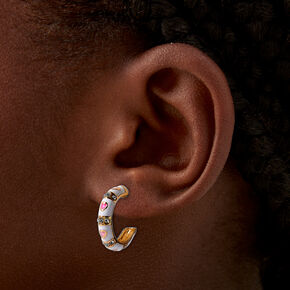 Pink &amp; White Enamel Heart Gold-tone Half Hoop Earrings,