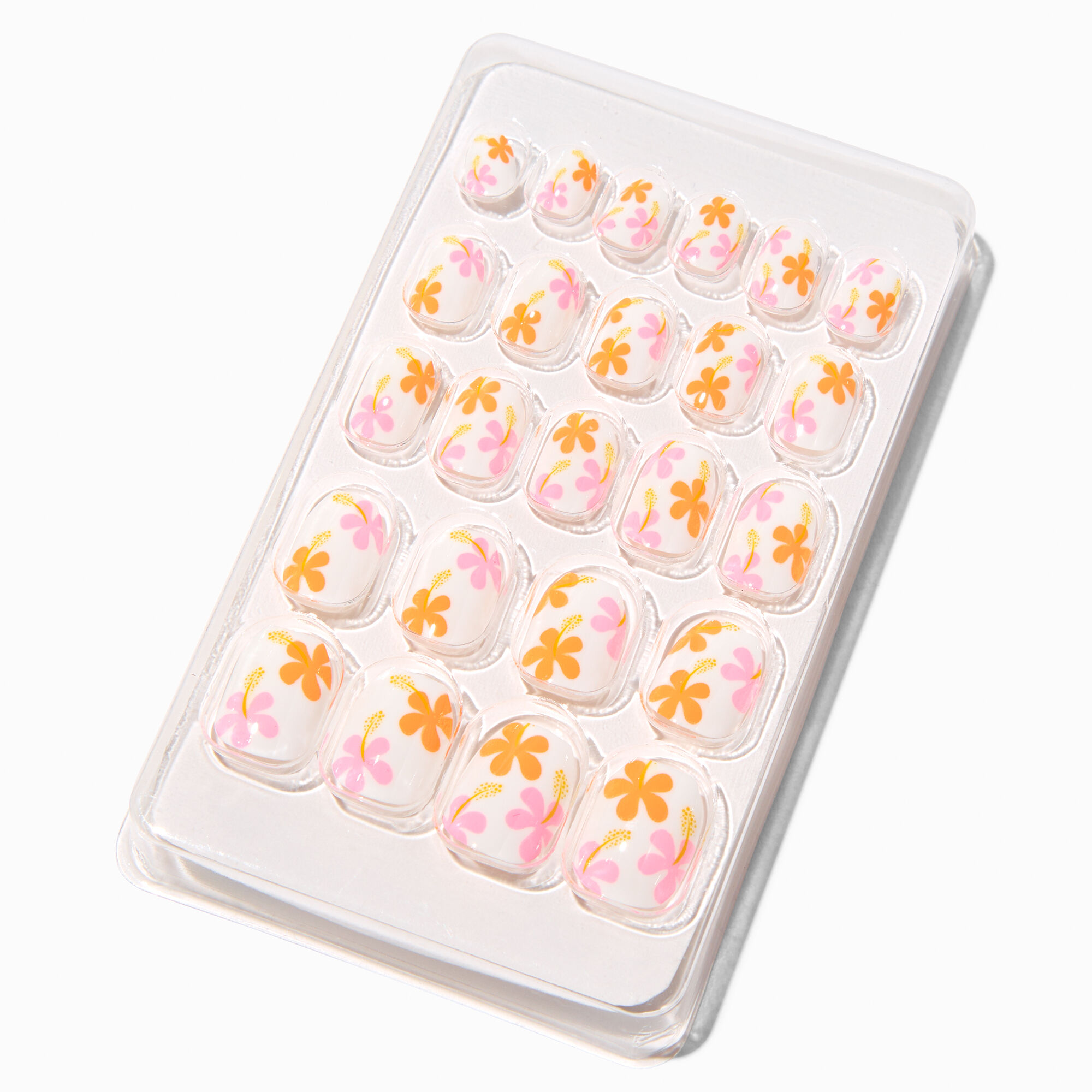 View Claires Pink Hibiscus Coffin Press On Vegan Faux Nail Set 24 Pack Orange information