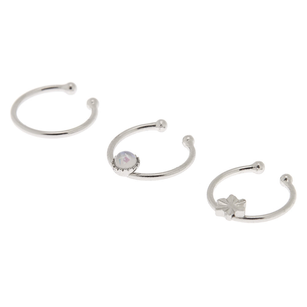 Silver Opal Stone Faux Cartilage Earrings 3 Pack