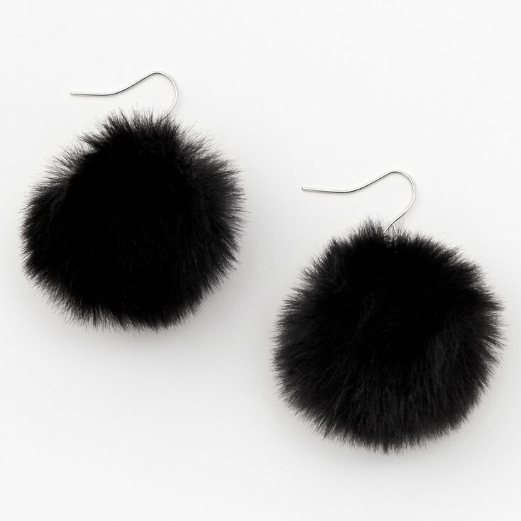 Silver 2&quot; Pom Pom Drop Earrings - Black,