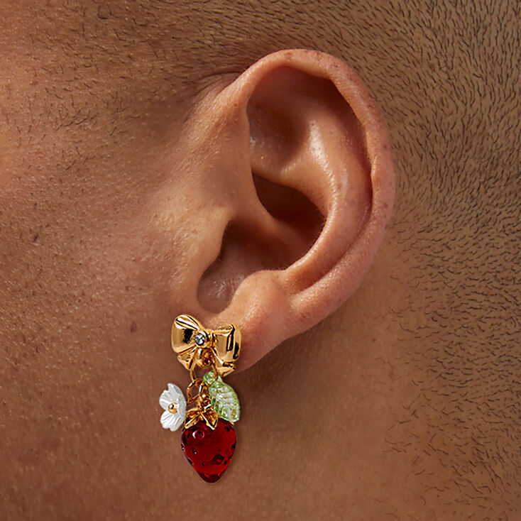 Gold-tone Bow Strawberry Drop Earrings,