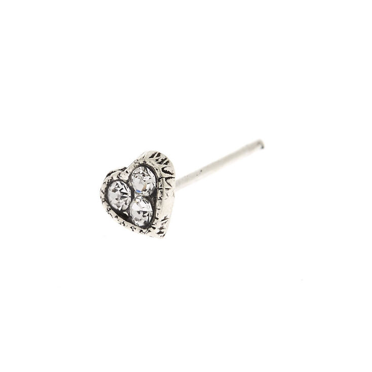 22G Silver-tone Stainless Steel Crystal Heart Nose Stud,