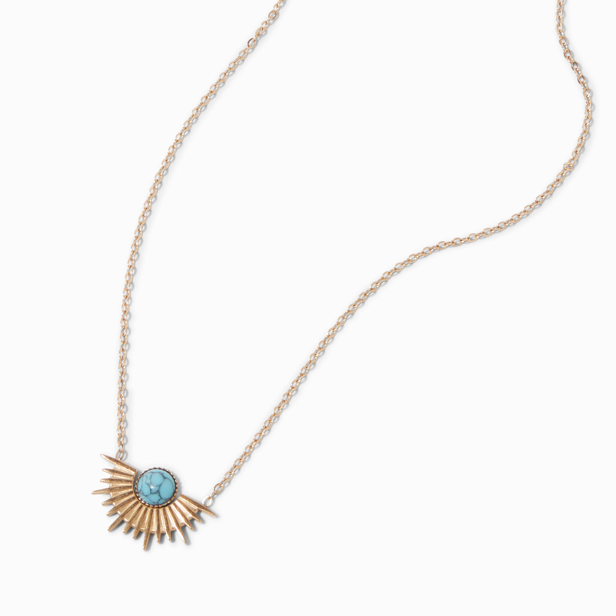 View Claires GoldTone Sunburst Pendant Necklace Turquoise information
