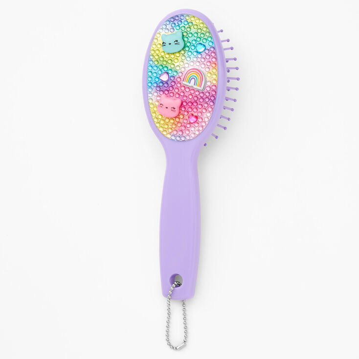 Rainbow Kitten Mini Paddle Hair Brush Keychain - Purple,