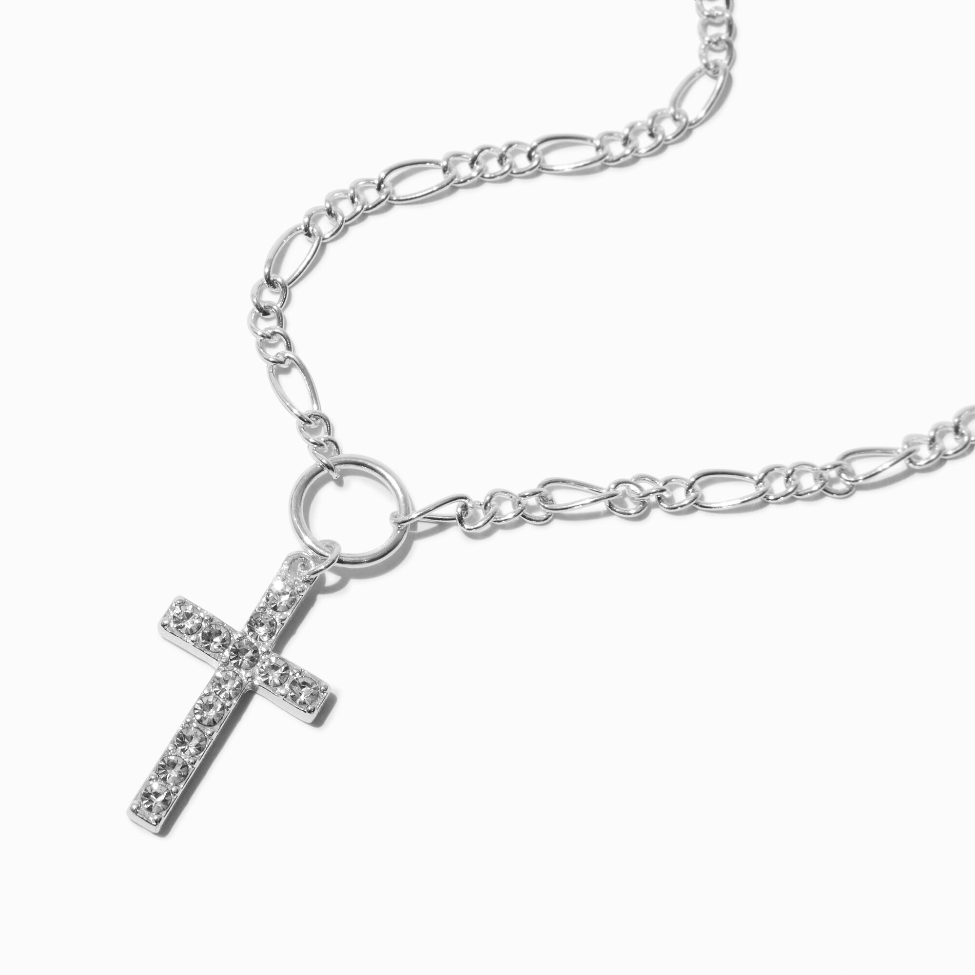View Claires Tone Embellished Cross Pendant Necklace Silver information