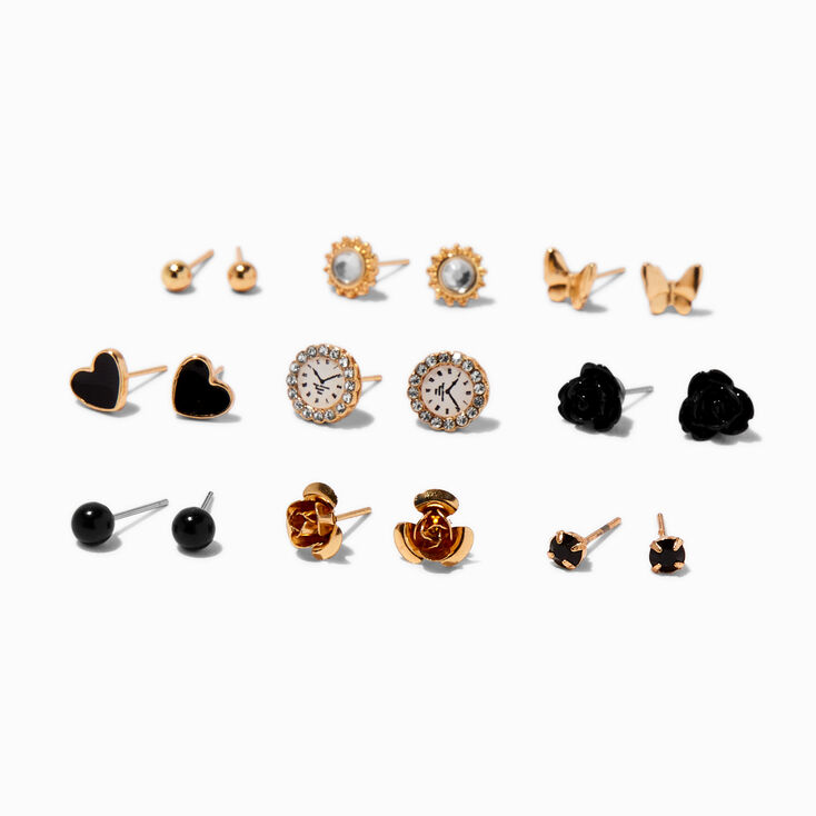 Black Heart &amp; Clock Mixed Stud Earrings - 9 Pack,
