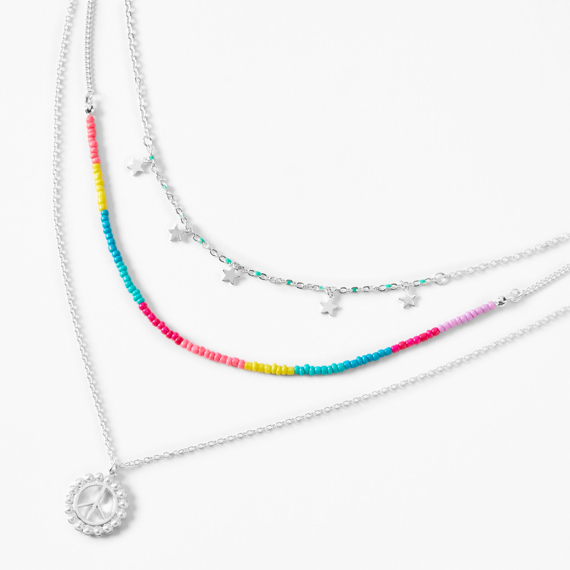 Silver Peace & Stars Multi Strand Necklace,