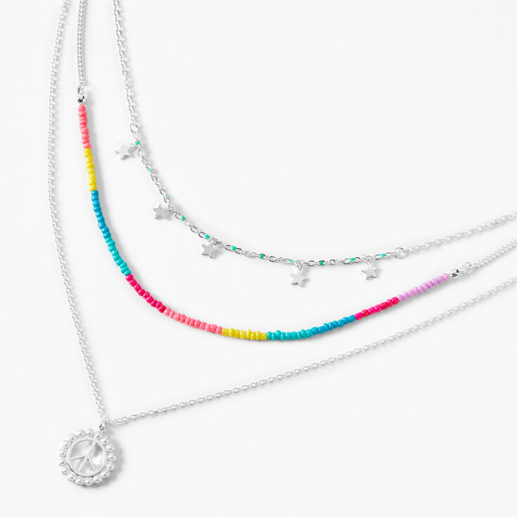 Silver Peace &amp; Stars Multi Strand Necklace,