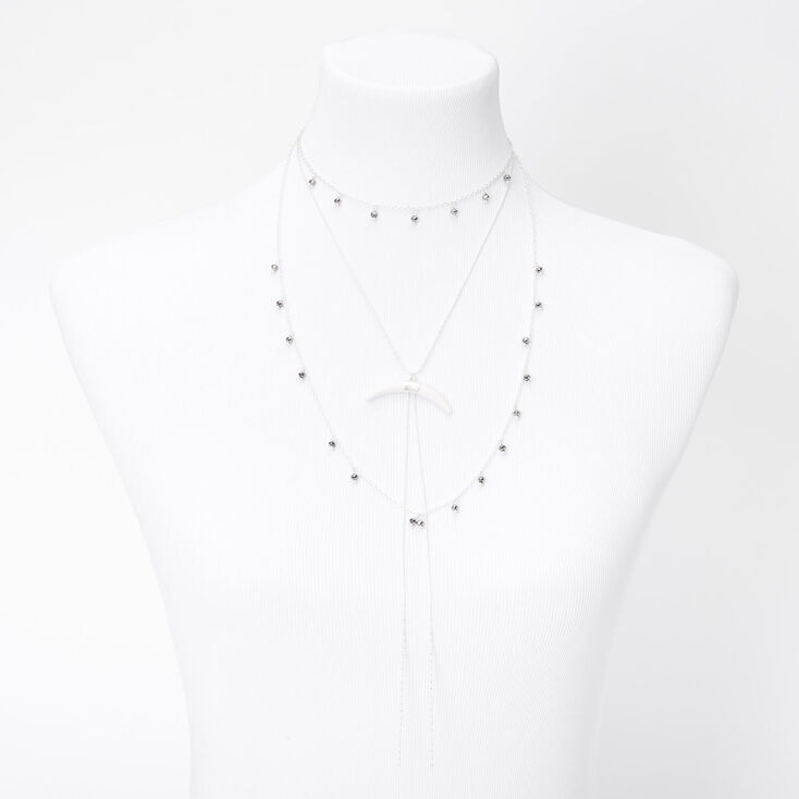 Silver Beaded Horn Multi Strand Necklace - White,