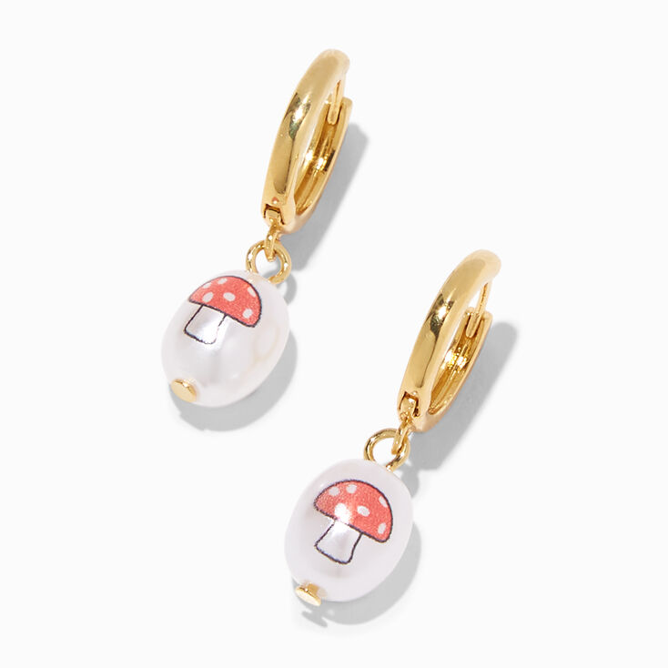 18K Gold Plated 10MM Red Mushroom Pearl Teardrop Huggie Hoop Earrings,