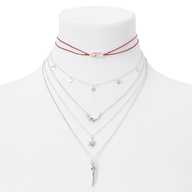 Silver Starburst Horn Multi Strand Choker Necklace - Burgundy,