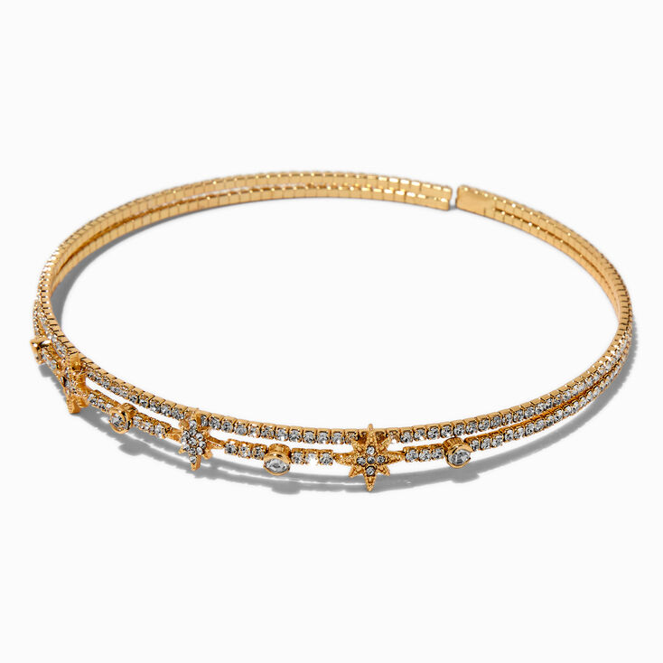 Gold-tone Crystal Star Collar Rigid Choker Necklace ,